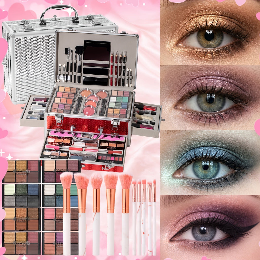 Makeup Kit in Handled Aluminum-Style Travel Case with Mirror, Tiered Trays and Silvery or Red Finish
