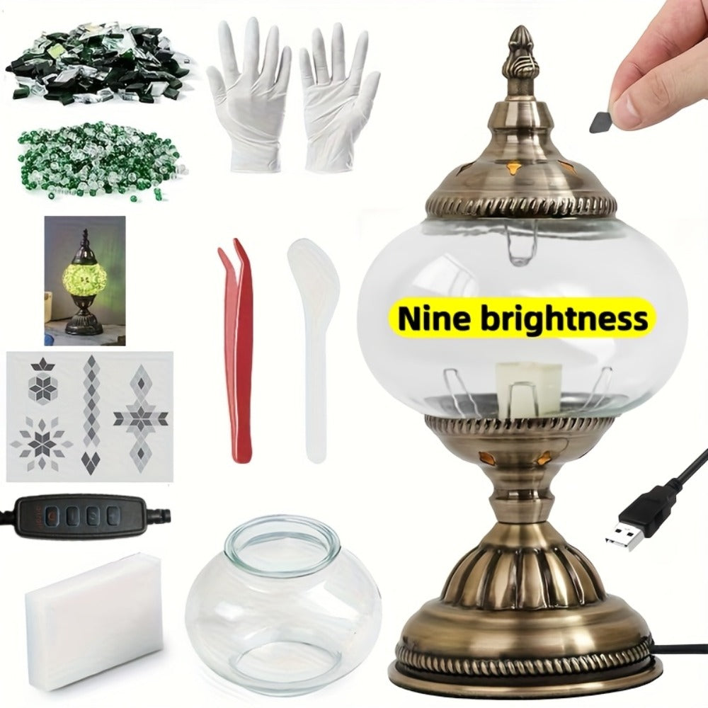 DIY Turkish Moroccan Mosaic Lamp Kit Handmade Glass Metal Brass Dimmable Bohemian Table Light for Entryways, Bedrooms and Living Spaces