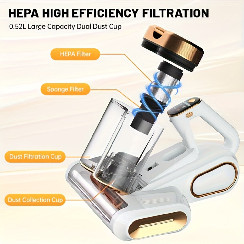 Mattress Vacuum Cleaner Handheld 16kPa Suction with UV Lamp & 80000RPM Soundwave Technology – Portable Dual Cup Bed Vacuum for Dust Mites