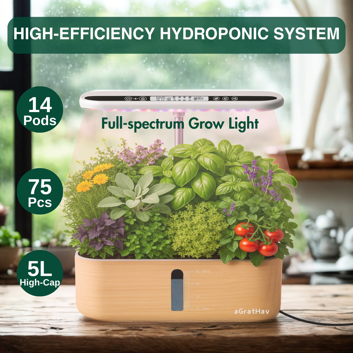 Hydroponic Garden Kit 14-Pod with LED Grow Light – Smart Timer, Quiet Pump & 1.32 Gal Tank, 75-Piece Indoor Herb Garden System