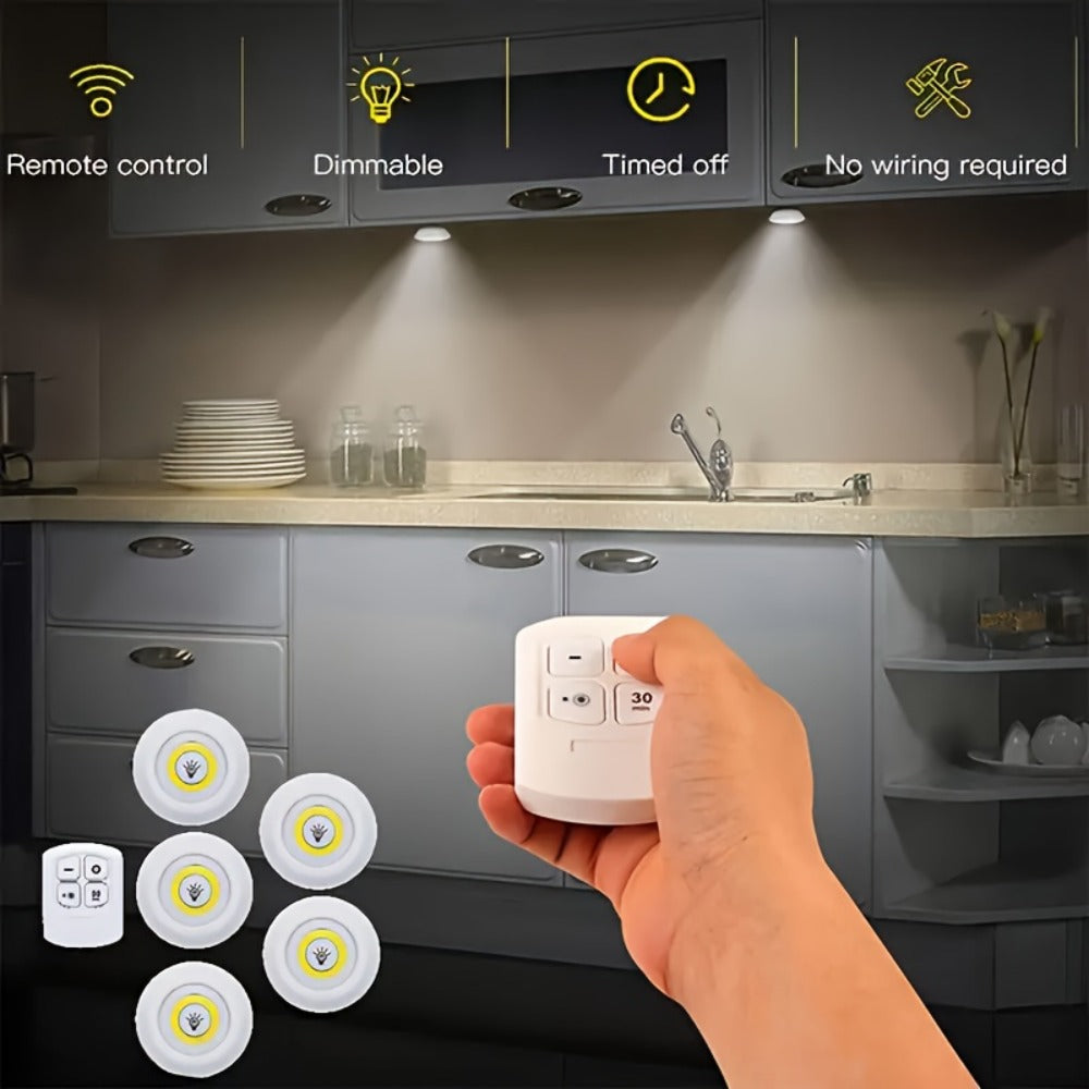Five-Piece Round LED Puck Light Set with Wireless Remote, Adhesive or Magnetic Mounting and Timer