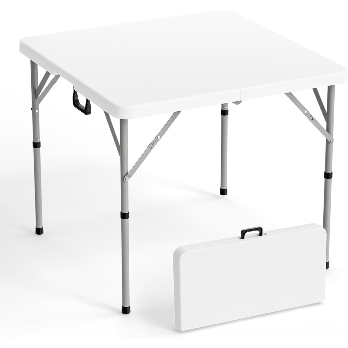 Portable Square Bi-Fold Table with Carry Handle in Black or White, Approximately 34 Inches Wide