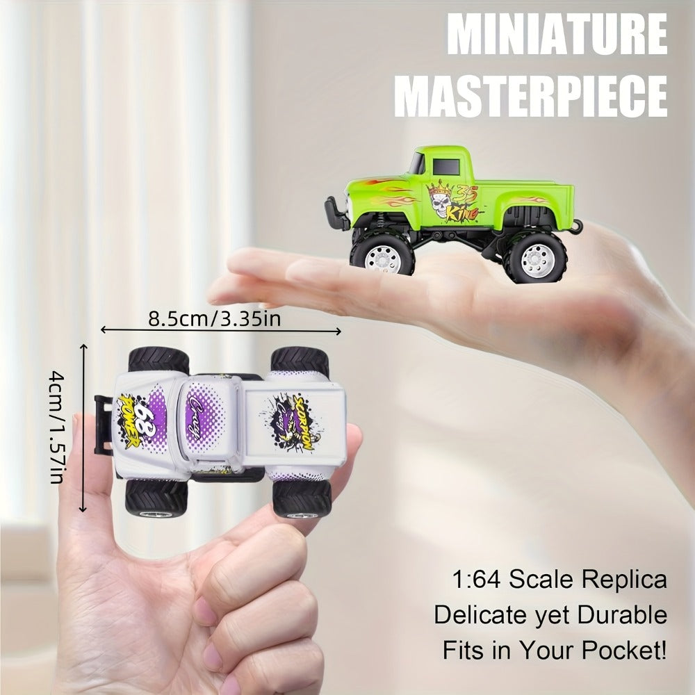 Mini Alloy RC Monster Truck 1:64 Scale 2.4GHz Off-Road Crawler with LED Lights, Street Graffiti Spray-Paint Design