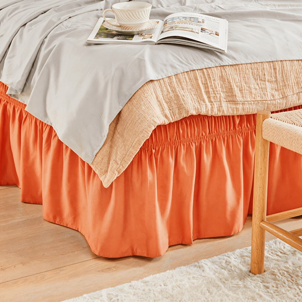 Bed Skirt Elastic Wrap Around Ruffle – 15 Inch Drop Microfiber Dust Ruffle, Adjustable No-Lift Fit, Fade Resistant Machine Washable