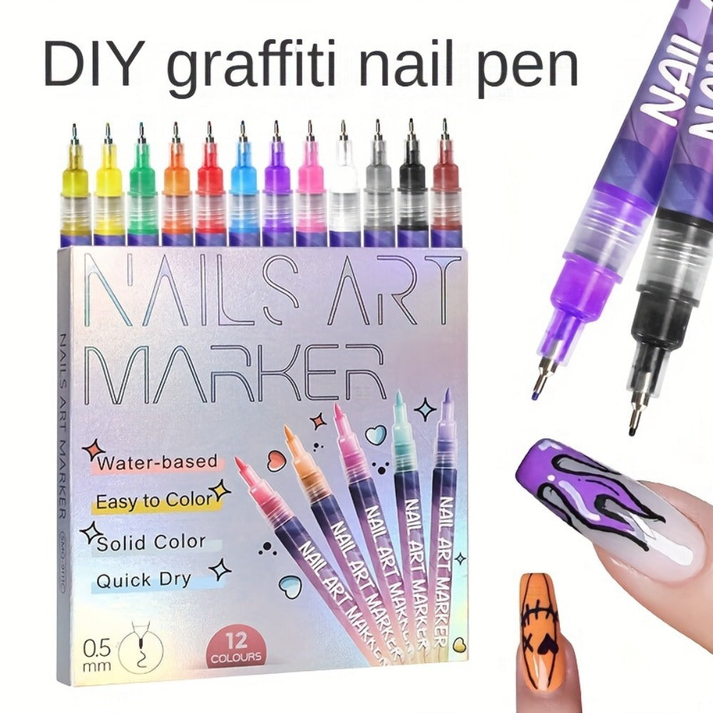 Acrylic Nail Art Pen Set 12 Colors 3D Doodle & Dot Stitching Pens, Quick Drying Precision Fine Tip