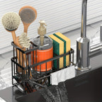 Black Sink Caddy with Drain Tray, Hanging Dishcloth Bar, Brush Holder and 23.5 cm Countertop Width