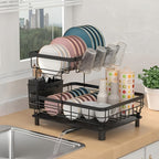 Dish Drying Rack Kitchen Organizer with Two Tiers, Drain Board, Utensil Cup and Three Color Options