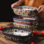 Ceramic Baking Dish Set of 2 Large 13 Inch Rectangular Casserole Dish Porcelain Bohemian for Entryways, Bedrooms and Living Spaces
