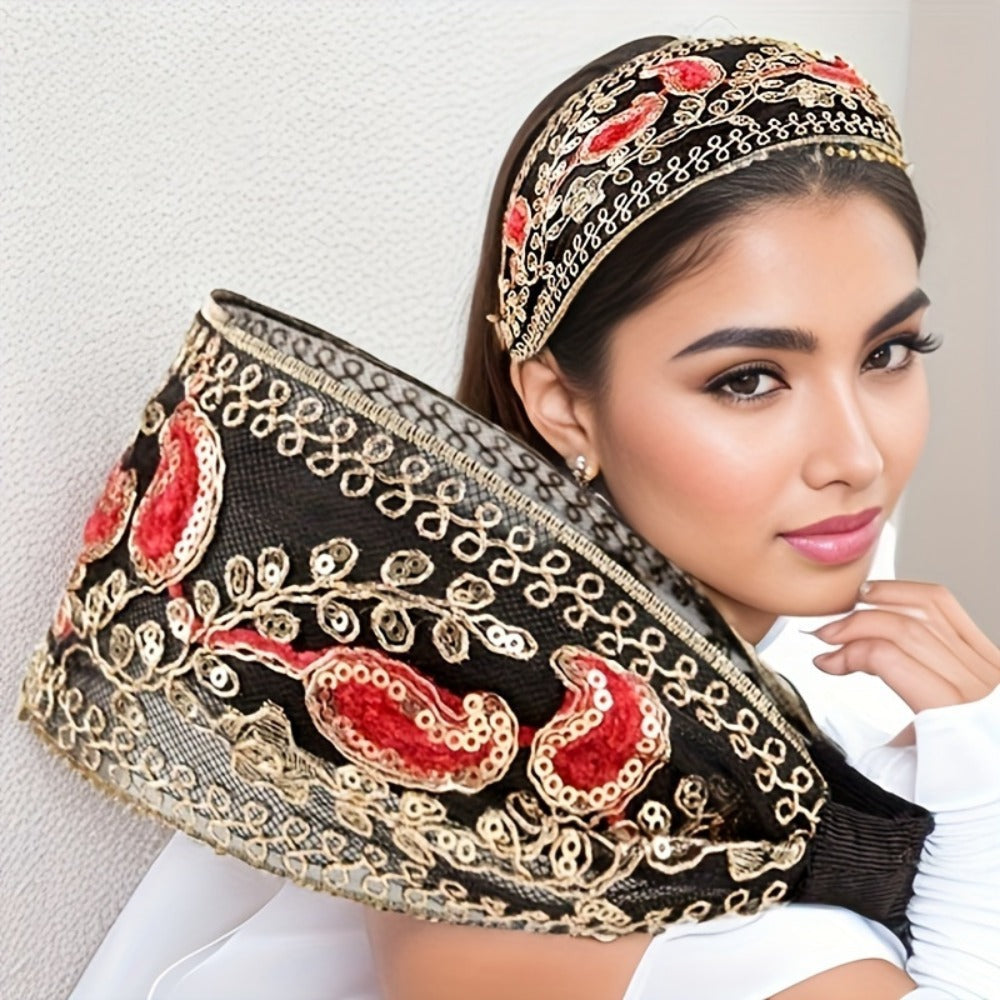 Hair Accessories Two-Piece Wide Embroidered Headband Set with Sequin Floral Details and Color Choices