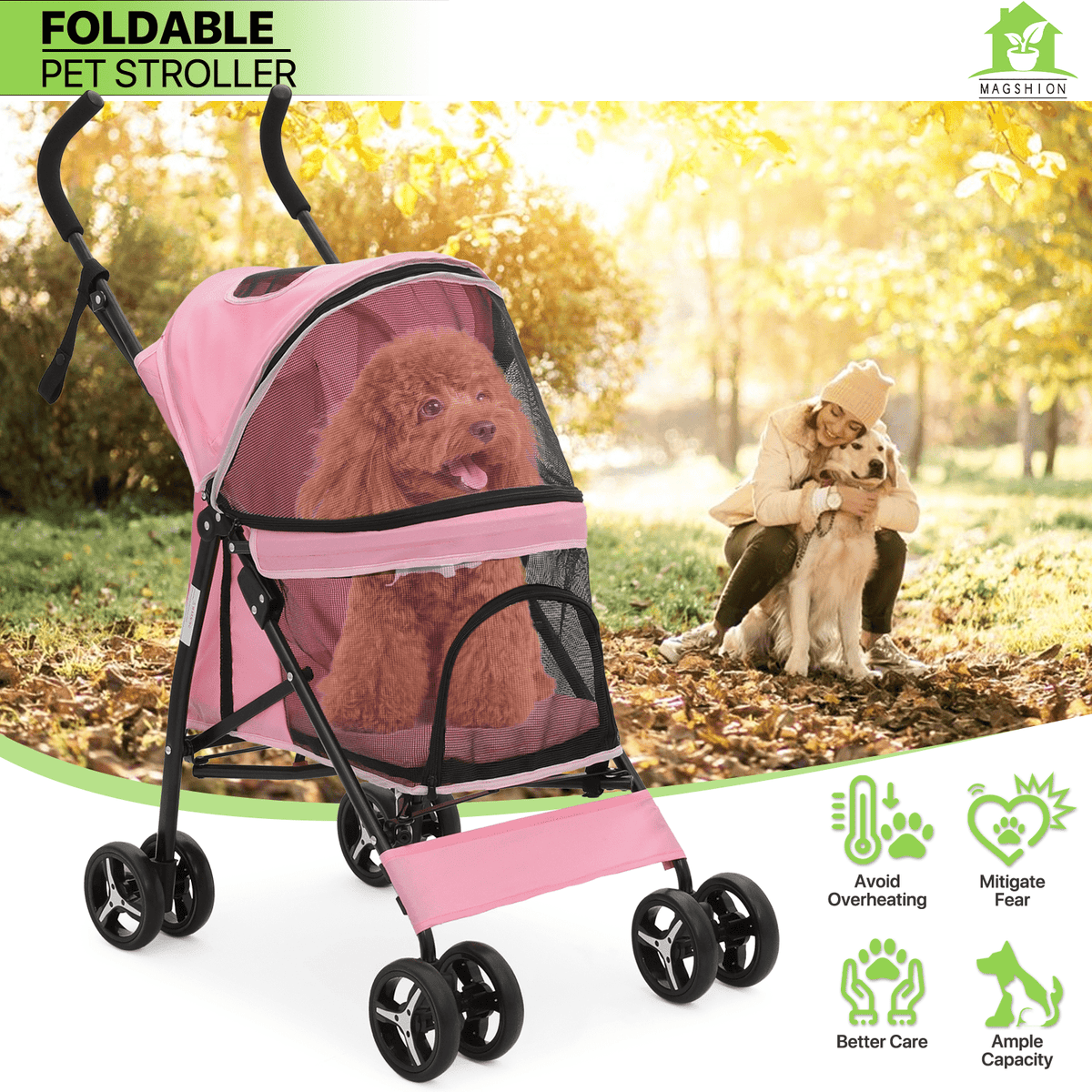 Four-Wheel Pet Stroller with Mesh Cabin, Folding Frame, Lower Basket and Ten Color or Print Options