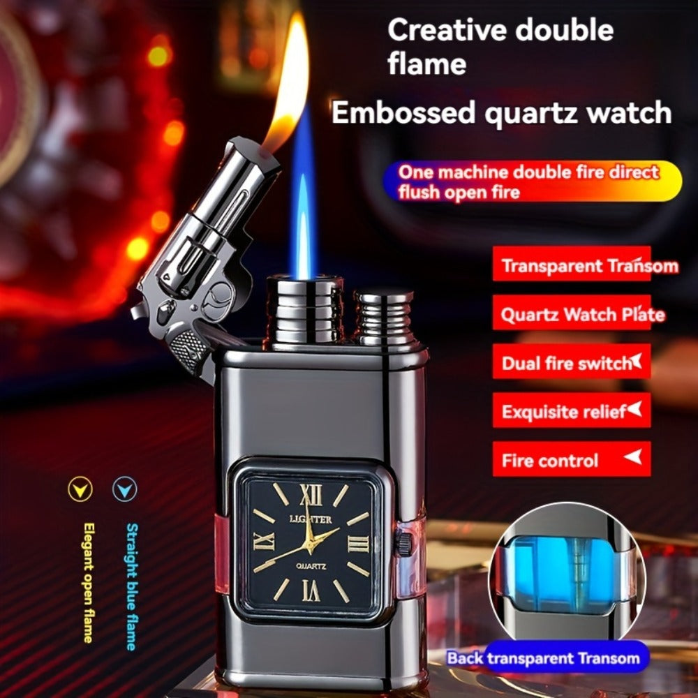Double Flame Retro Metal Lighter Windproof Refillable Butane Outdoor Portable Quartz Ignition Dragon Eagle Gun Type Ice Golden Bronze