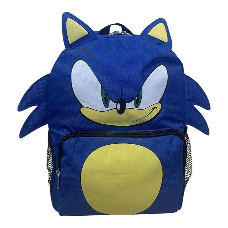 Backpack for Kids with Sonic-Inspired 3D Character Face, 12-Inch Size and Dual Bottle Pockets