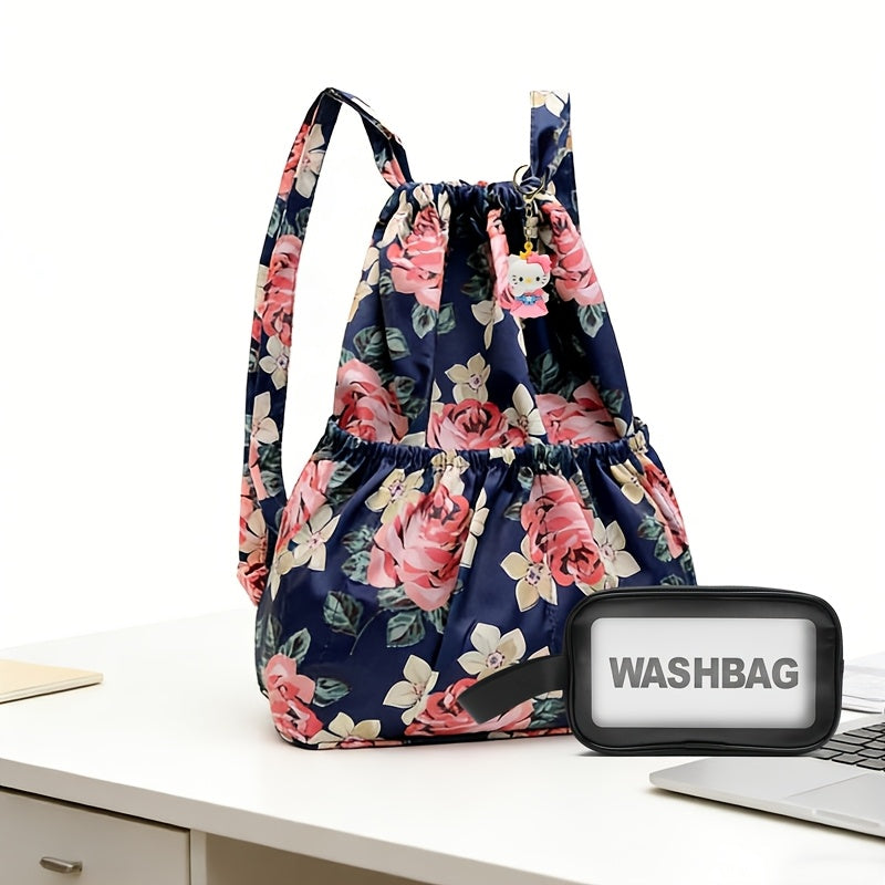 Backpack 3-Piece Floral Travel Set with Foldable Daypack, Drawstring Bag and 6 Style Options