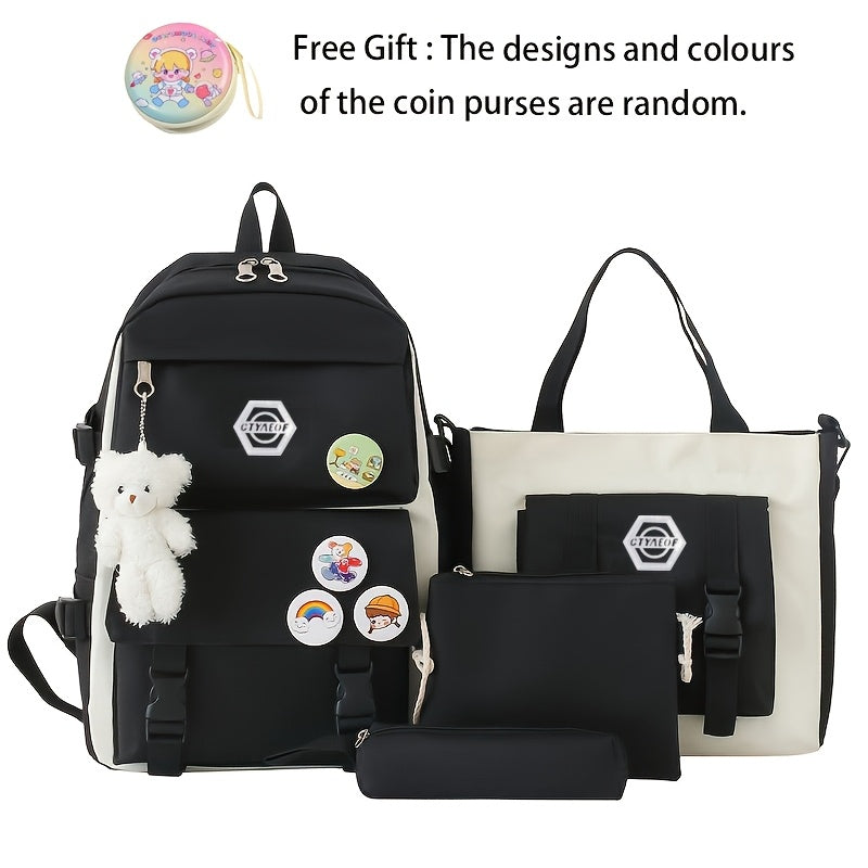 Backpack 4-Piece Canvas School Set with Bow Accents, Pencil Case, Shoulder Bag and 4 Colors