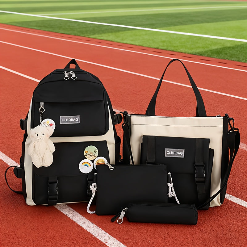 Backpack 5-Piece Black School Set with Large Daypack, Tote, Crossbody and 2 Accessory Pouches
