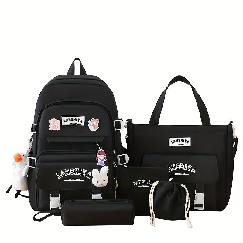 Backpack 5-Piece School Set with Laptop Daypack, Tote, Crossbody, Pencil Case and Charm Accessories