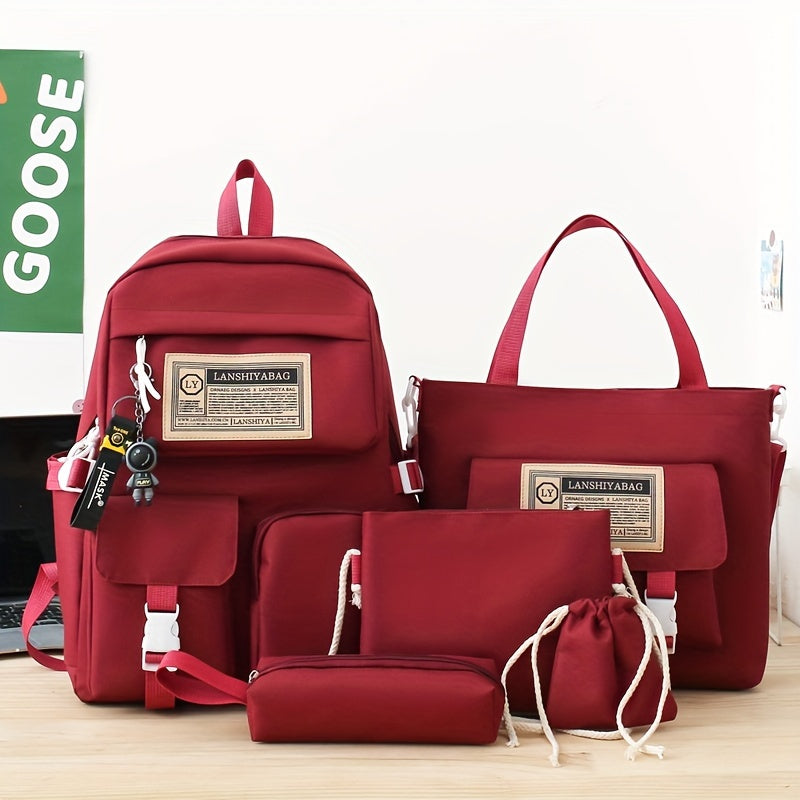 Five-Piece School Backpack Set with Tablet Compartment, Matching Tote and Pouches in Four Colors
