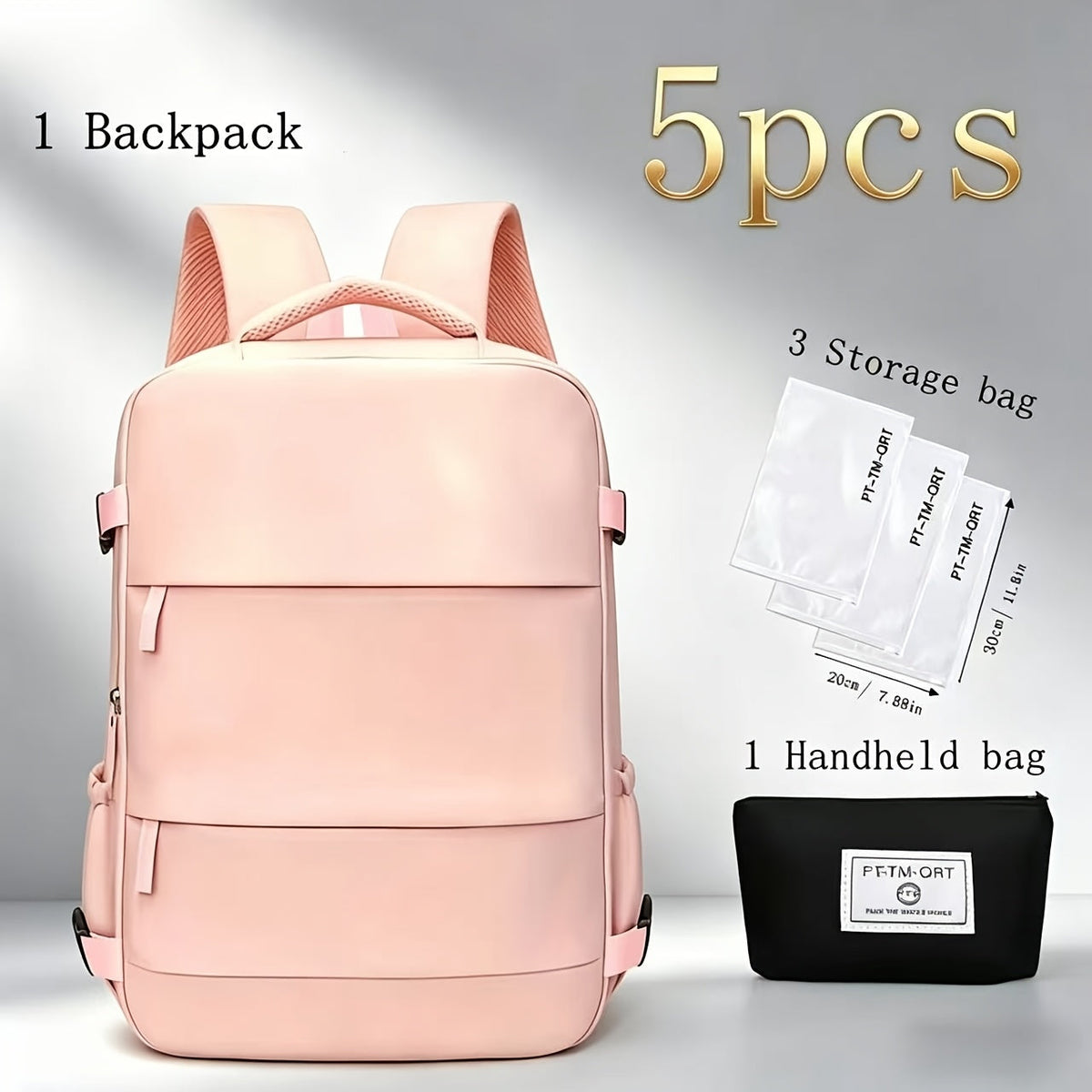 Backpack 5-Piece Travel Set with Expandable 180-Degree Opening, Shoe Pocket and 3 Color Options