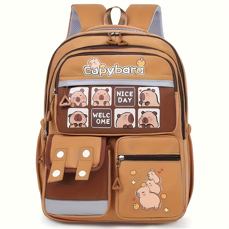 Backpack with Capybara Face Applique, Large School Storage, Adjustable Straps and 3 Print Styles