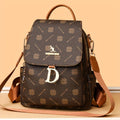 Backpack Mini Purse with Retro Monogram Print, Drawstring Flap, Multi-Pocket Interior and Brown Finish