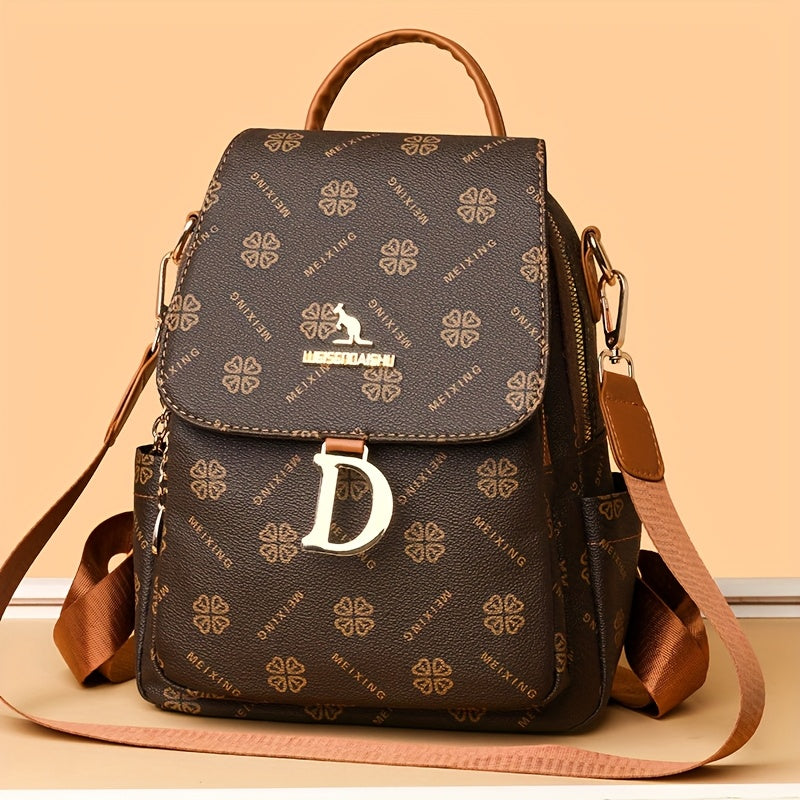 Backpack Mini Purse with Retro Monogram Print, Drawstring Flap, Multi-Pocket Interior and Brown Finish