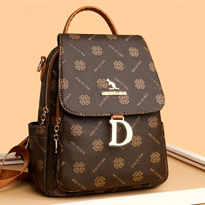 Backpack with Vintage Print, Drawstring Flap, Multiple Pockets and 2 Casual Pattern Options