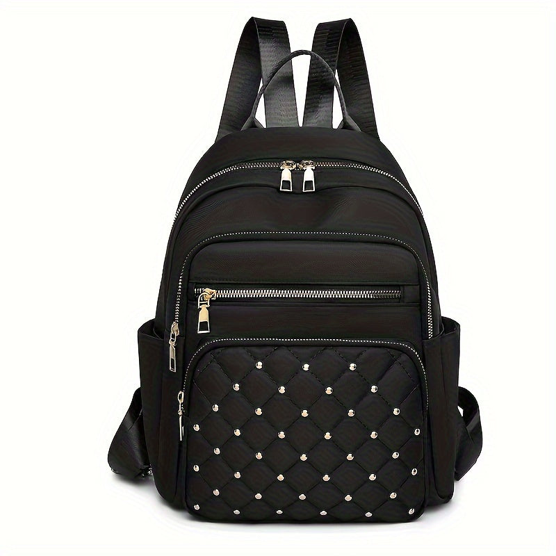 Rivet Tassel Backpack with Large-Capacity Nylon Storage, Fashion Daypack in Black or White