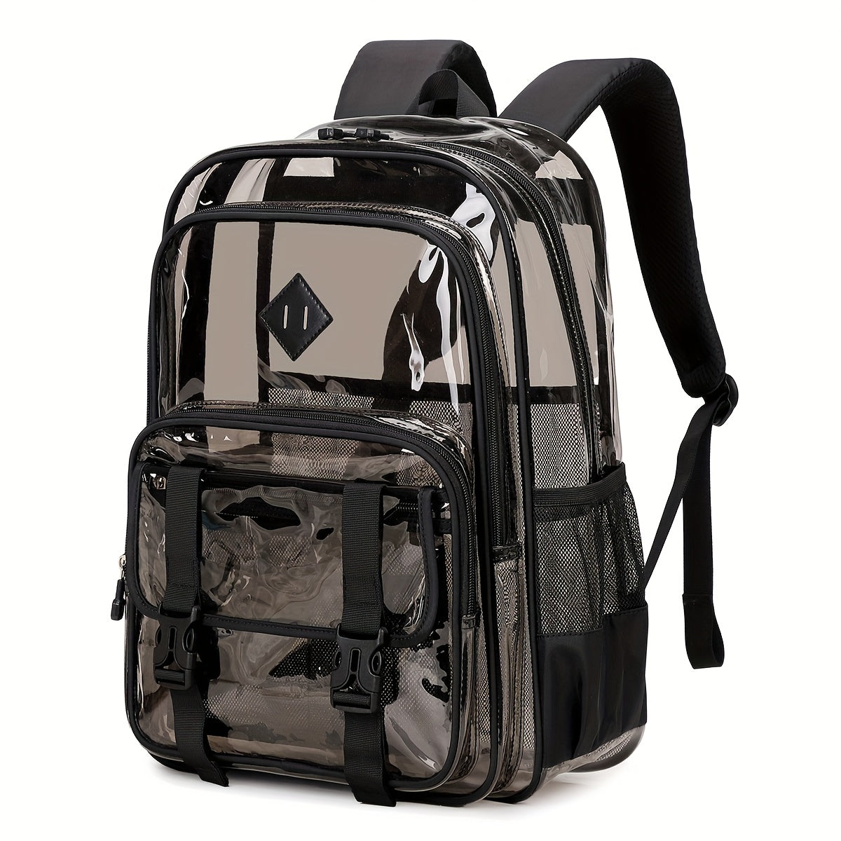 Backpack Transparent PVC Fashion Daypack with Large Zippered Interior, Straps & 2 Black Styles