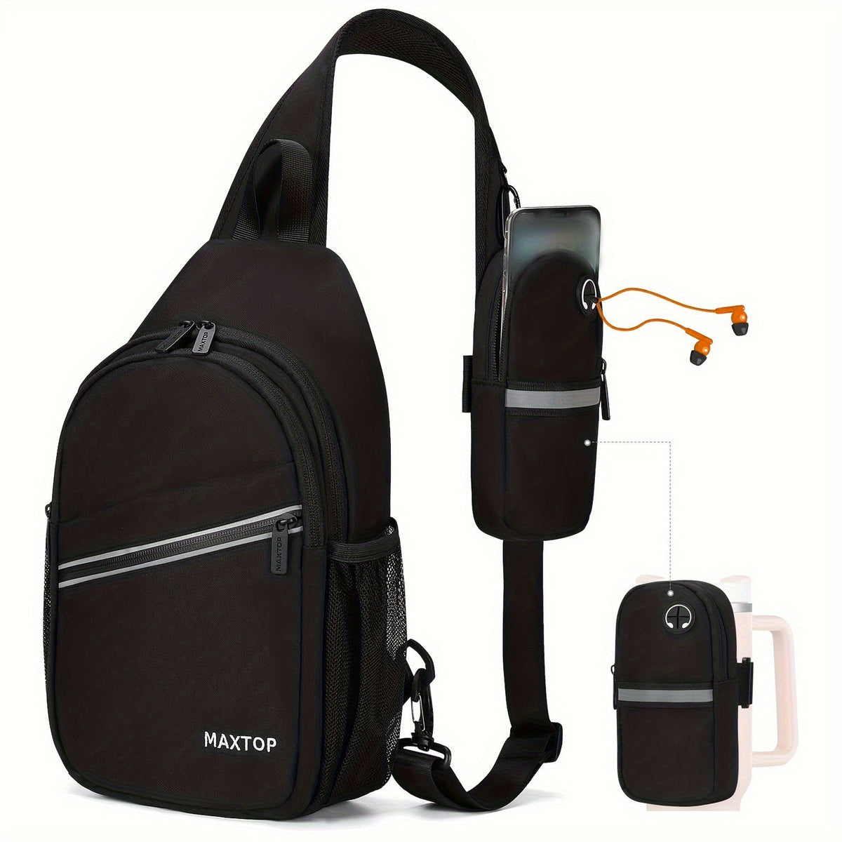 Sling Backpack with Detachable Phone Pouch, Lightweight Crossbody Daypack in Ten Colorways