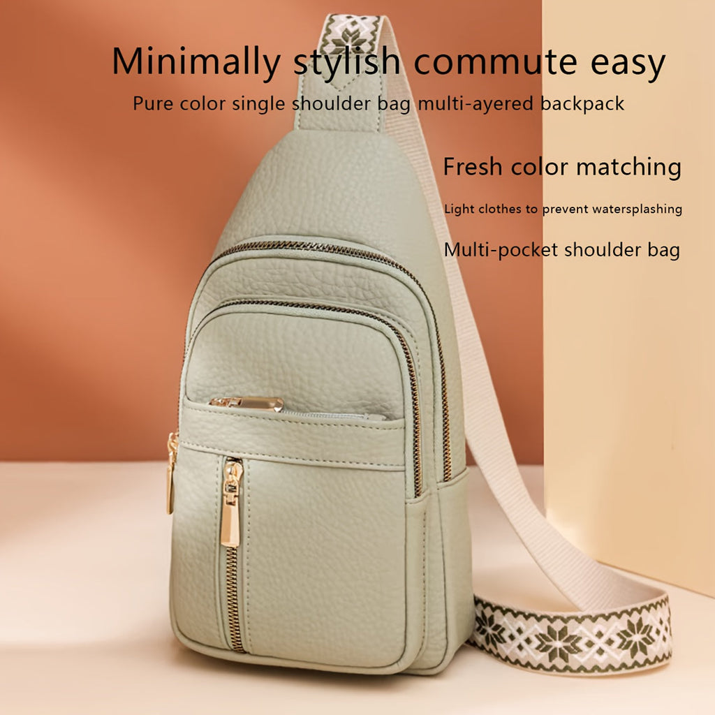 Backpack Purse with Woven Green Body, Drawstring Top, Zipper Pockets and Adjustable Shoulder Straps
