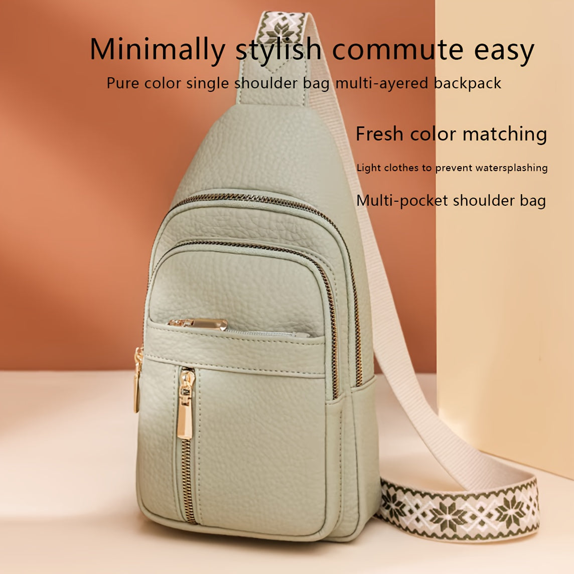 Backpack Purse with Woven Green Body, Drawstring Top, Zipper Pockets and Adjustable Shoulder Straps