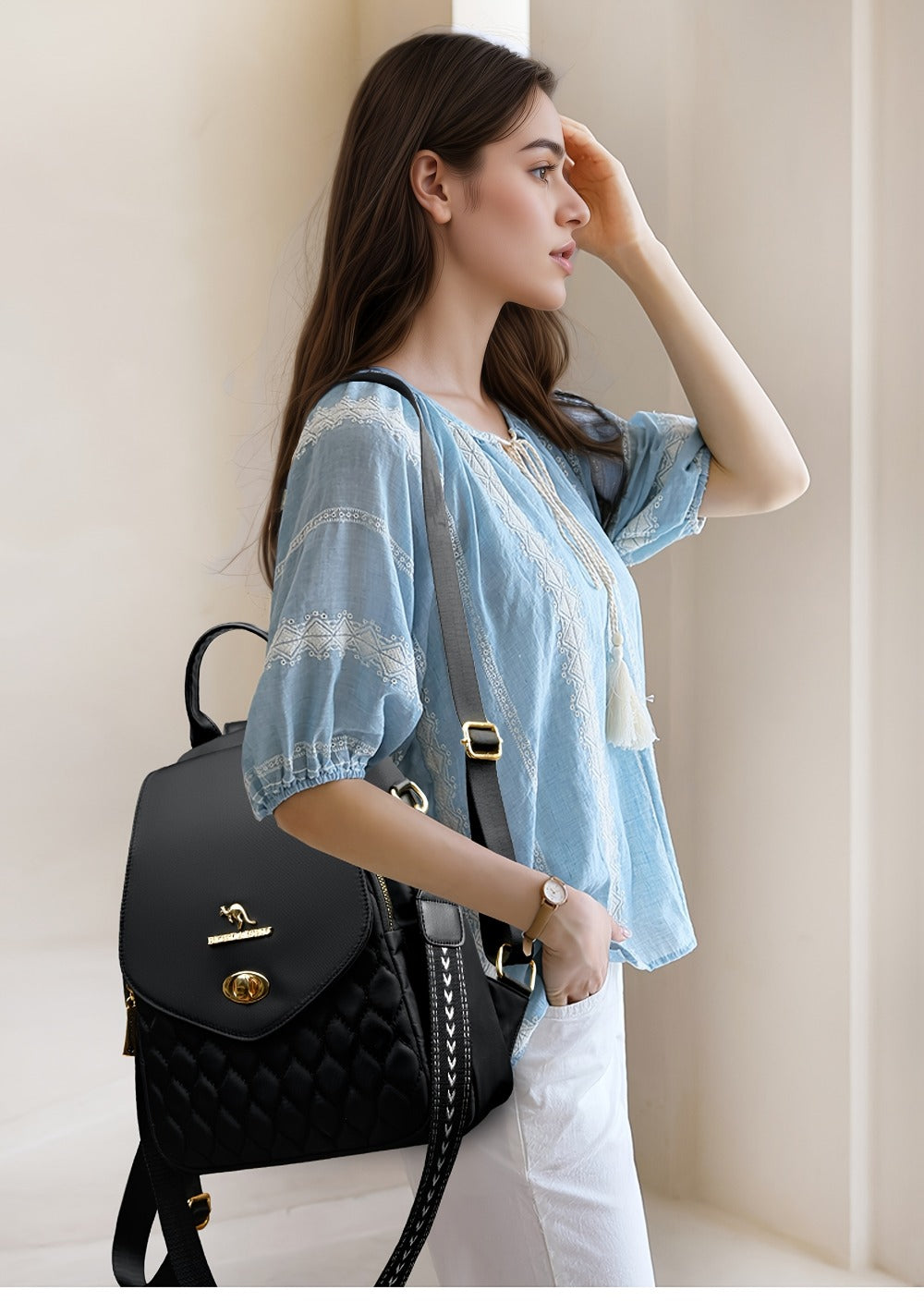 Backpack for Women – for Travel & Work, Fashion Stripe Texture Pattern Golden – detail view 32
