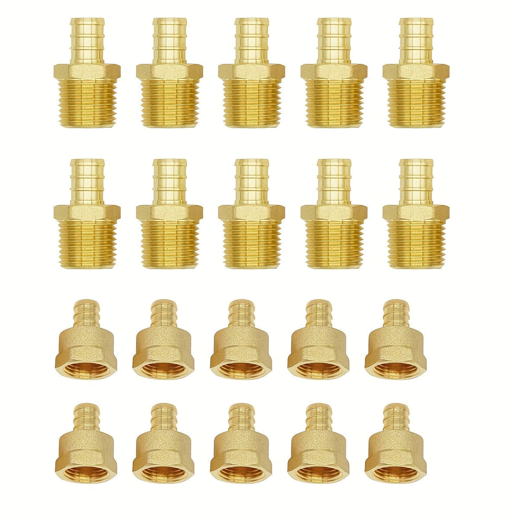 Brass PEX Crimp Adapters 20pcs – 10pcs 1/2" PEX x 1/2" Male NPT & 10pcs 1/2" PEX x 1/2" Female NPT Threaded Adapter