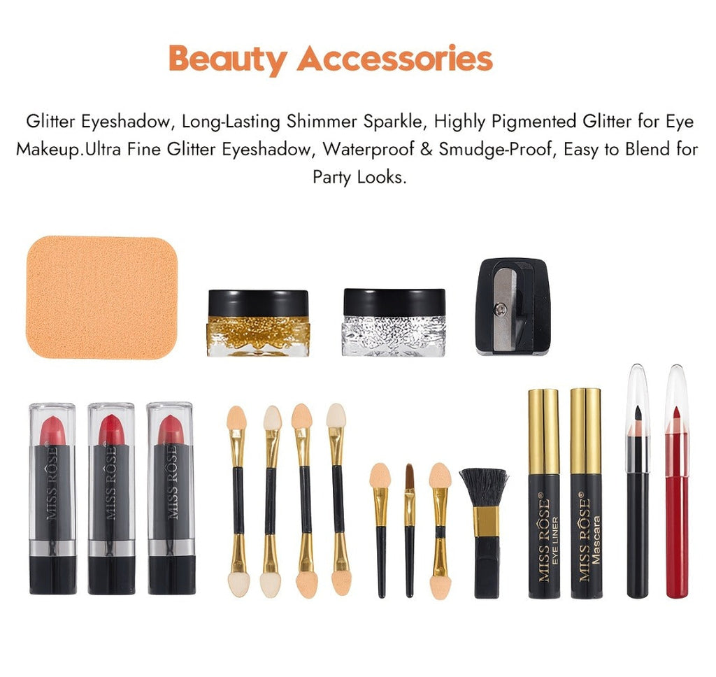 Makeup Kit 58-Color Black Mirror Case with Sliding Trays for Face, Eye and Lip Cosmetics plus Application Tools