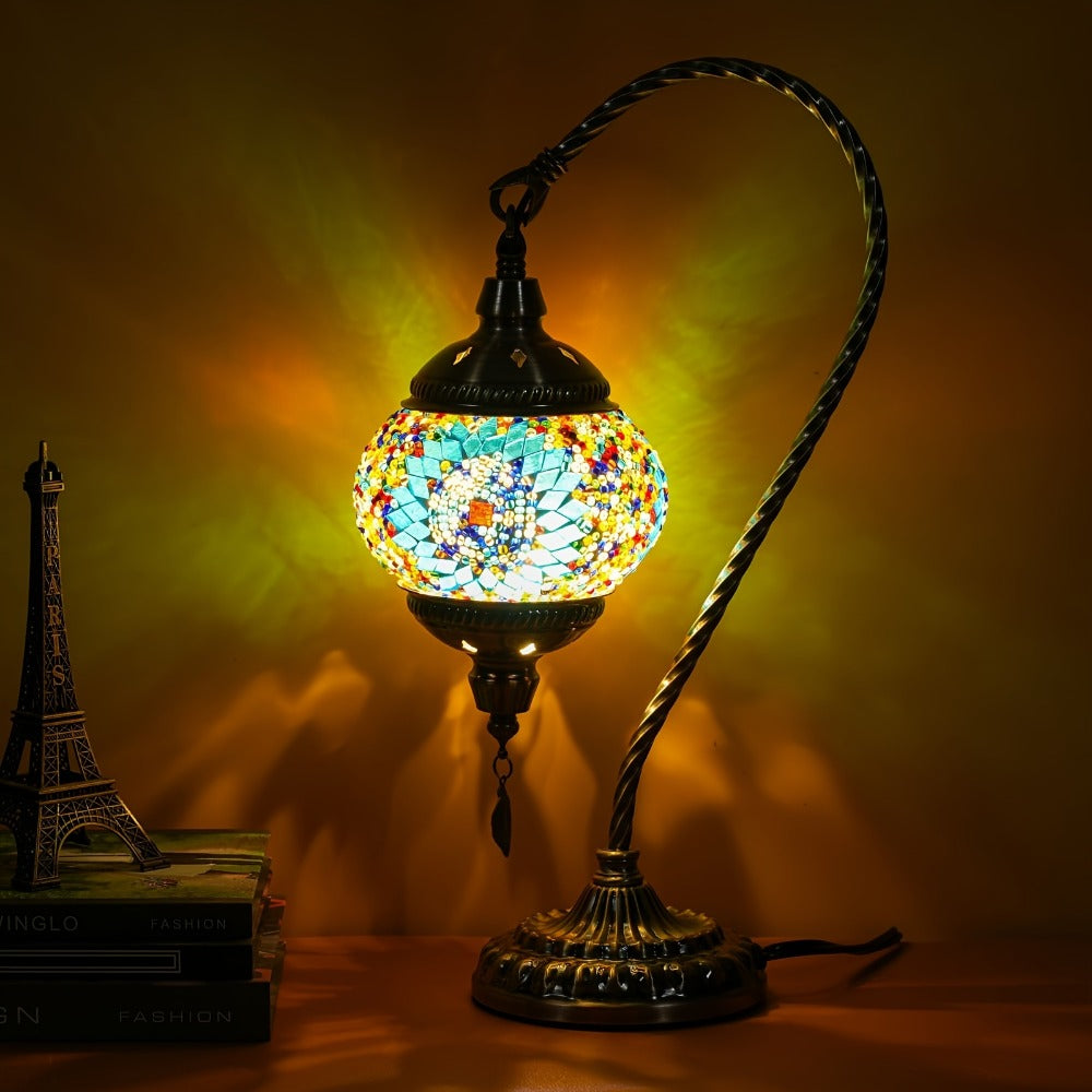 Table Lamp with Swan-Neck Mosaic Glass Shade, Metal Base, Six Color Options and Three White-Light Modes