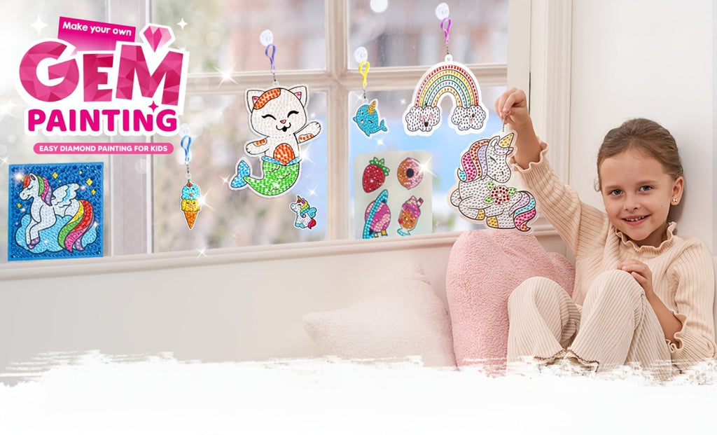 Diamond Gem Painting Kit for Girls Ages 6+ 16 Projects, 5D Gem Art Set with 2800+ Gems Unicorn Suncatchers Keychains Necklaces Stickers