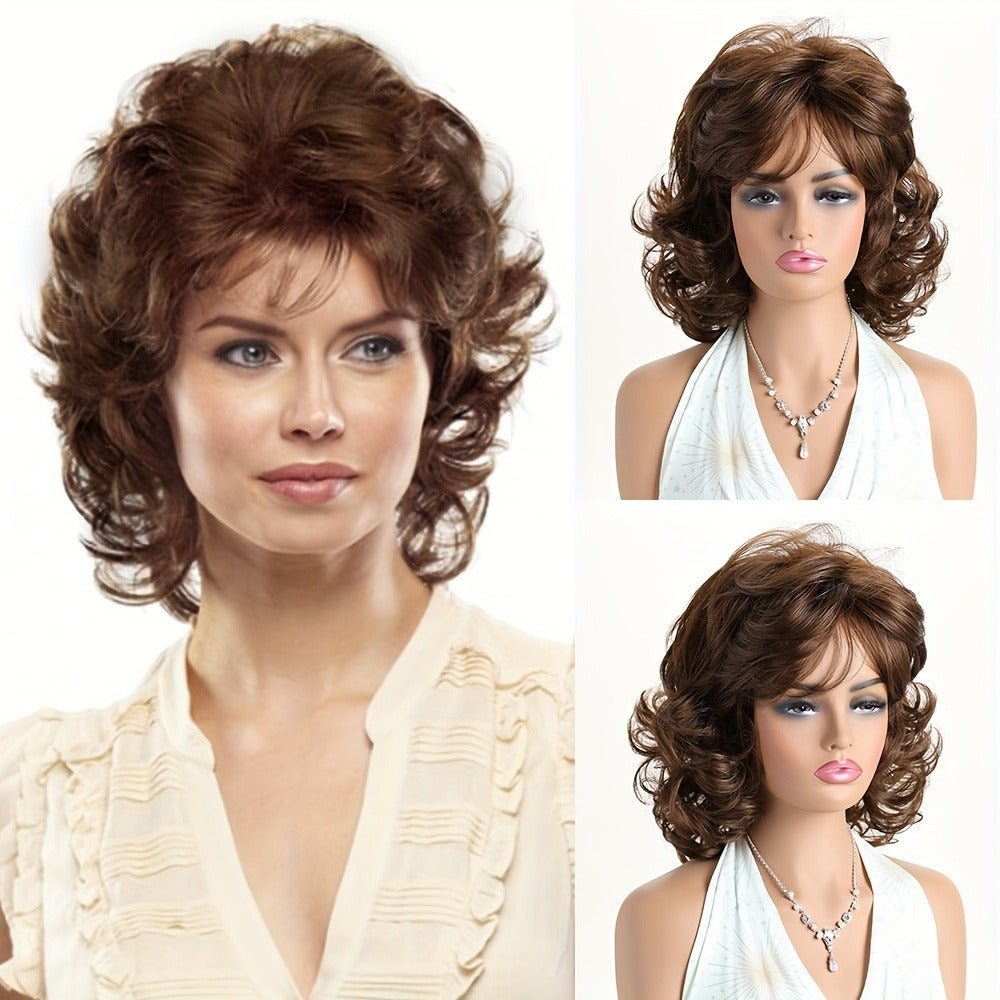 Synthetic Wig 14-Inch Short Curls with Slanted Bangs and Rose Net Cap in Three Colors for Daily Styling