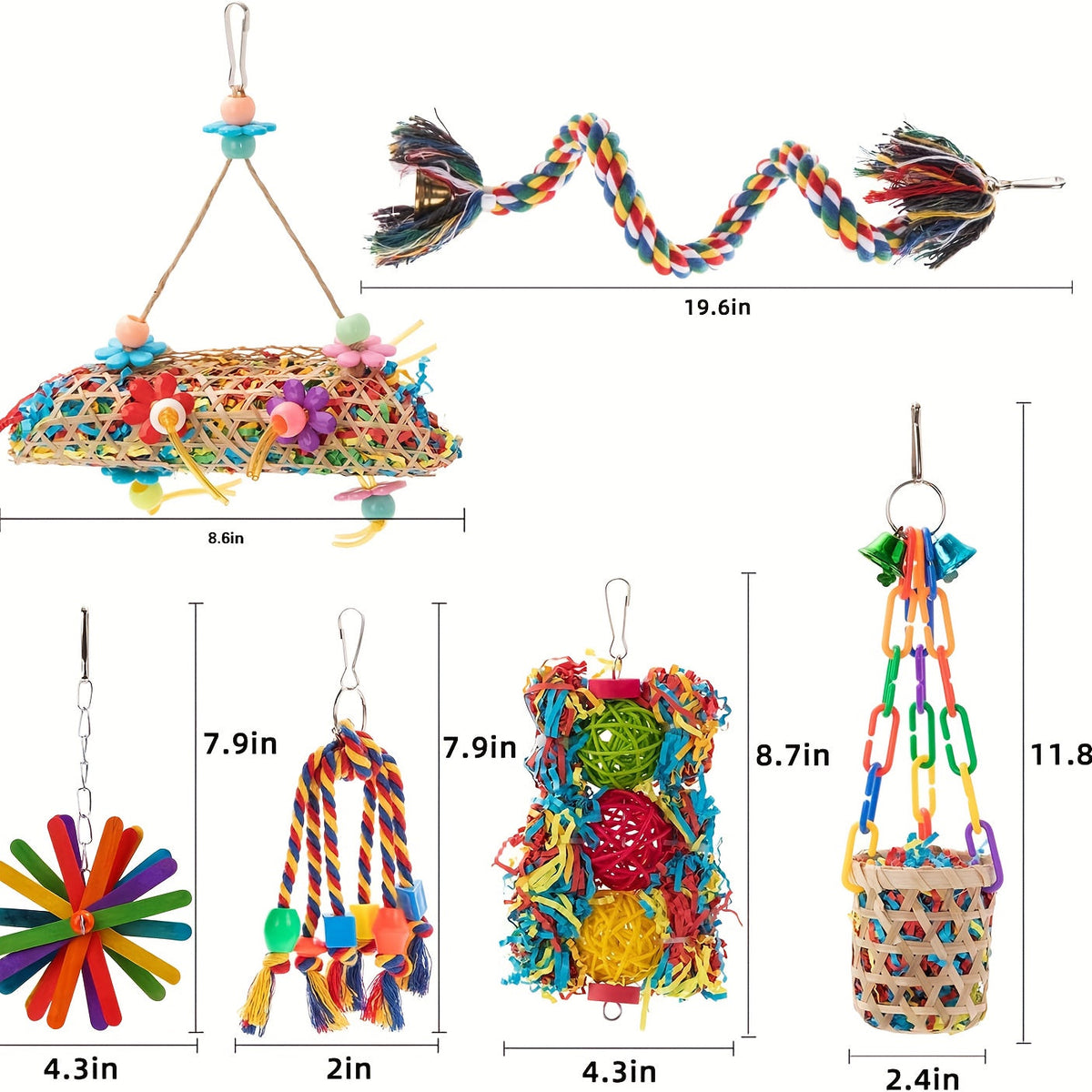 Six-Piece Hanging Bird Toy Set with Wood, Paper, Plastic Rings, Bell, Rope and Metal Hooks for Small Parrots