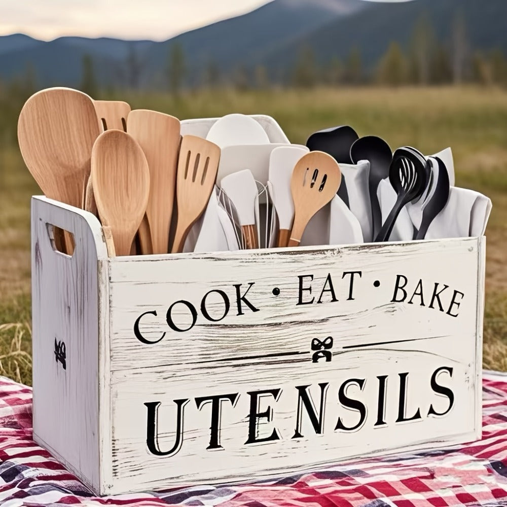 Wooden Kitchen Utensil Holder 3 Compartment Countertop Organizer, Rustic Wood Kitchen Tool Storage Box Wall Mounted or Countertop