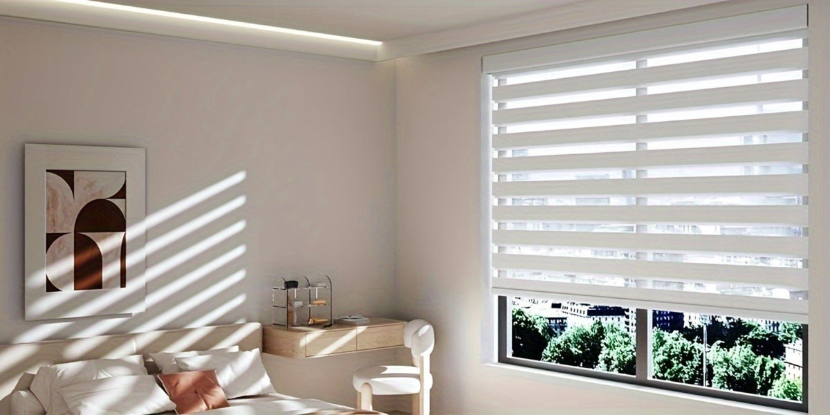 Cordless Zebra Roller Shade with Valance, Day Night Window Blind, Dual Layer Window Treatment Mesh Opaque Fabric