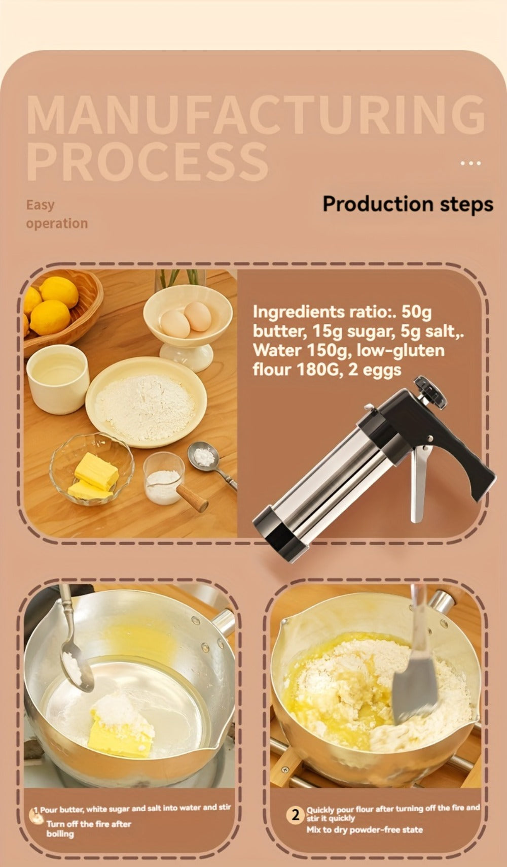 Cookie Press Set 8 Piece Stainless Steel Manual Churro Maker Flower Cookie Mold Baking Tool for Entryways, Bedrooms and Living Spaces