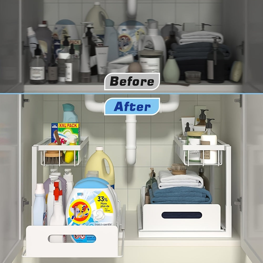 Under Sink Storage Organizer 2-Tier Sliding Metal Shelf in 1-Pack or 2-Pack, Black, White or Gray