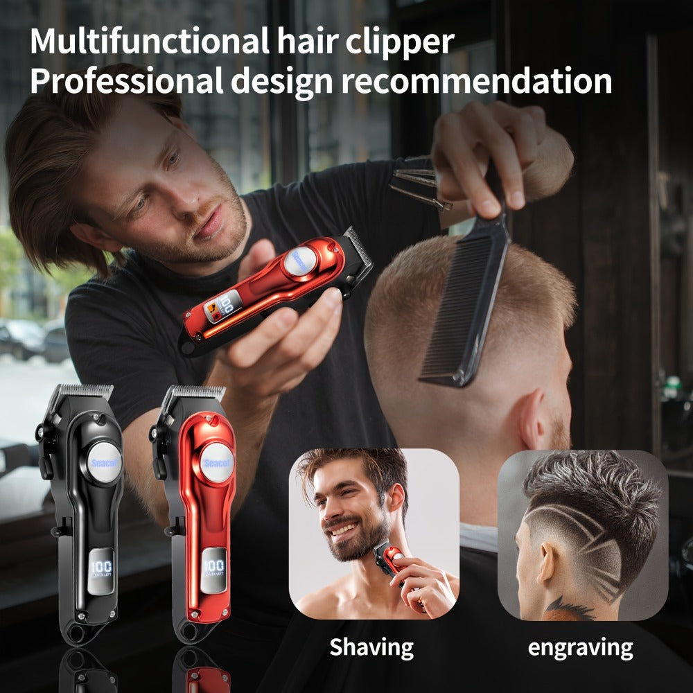 Hair Clipper Seacol Red Cordless Trimmer with LCD Display, USB Charging, Four Guide Combs and 120-Minute Runtime