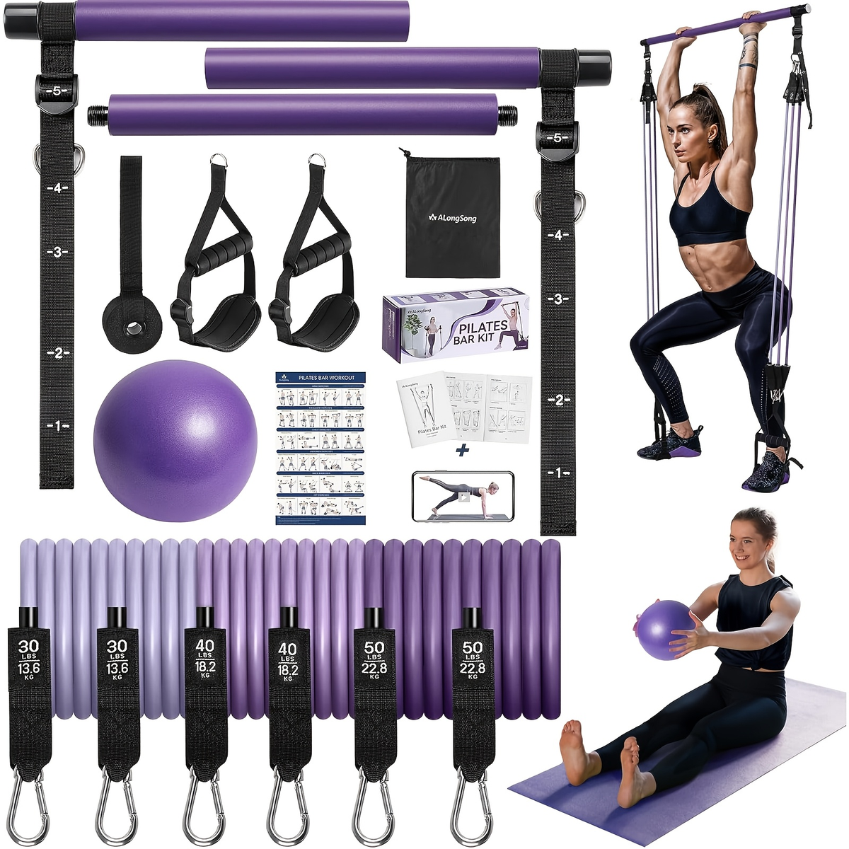 Natural Latex Pilates Bar Kit with Resistance Bands 20-360 lbs – Stainless Steel Handle, Adjustable Length for 5'3"-6'2"
