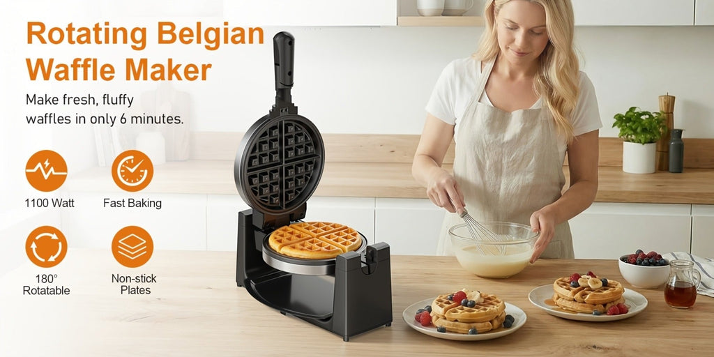 Belgian Waffle Maker 180° Rotating Flip Waffle Iron, Non-Stick Plates, Adjustable Browning Control, Removable Drip Tray, Cool Touch Handle