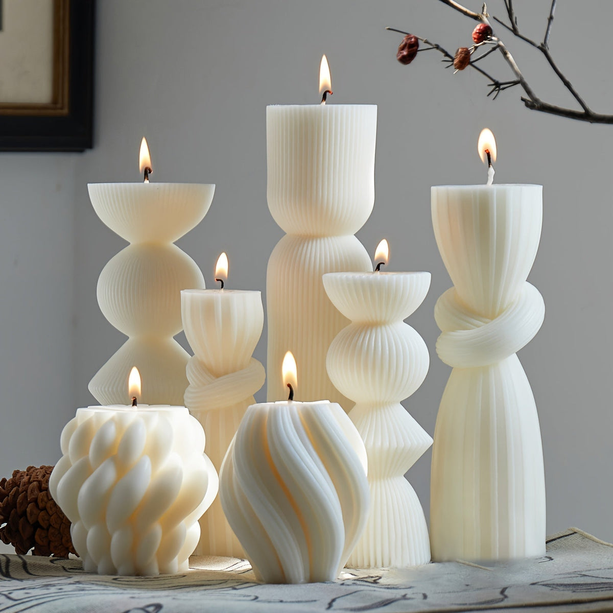 Ribbed Pillar Candles 7-Pack Large Soy Wax, Handmade Aesthetic Pillar Candle Set for Home Decor, Wedding Centerpiece
