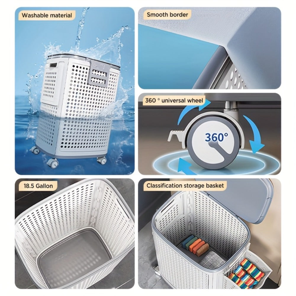 Wheeled Laundry Hamper Large Foldable with Dividers & Dust-Proof Lid – 360° Breathable Mesh Basket on Wheels, Reinforced Steel Base