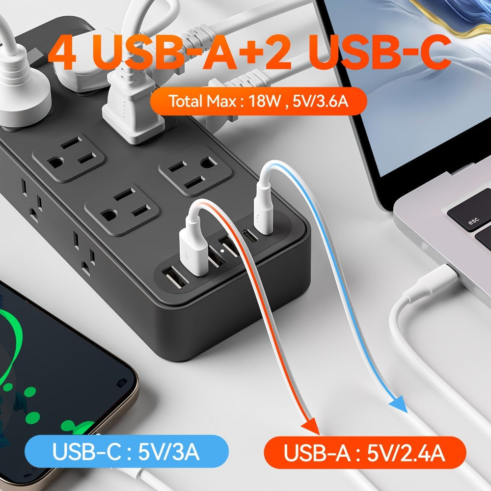 Power Strip 18-in-1 Charging Station with 12 AC Outlets, 4 USB-A, 2 USB-C and 5-Foot Flat-Plug Cord