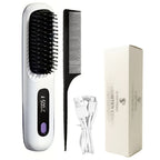 Compact Rechargeable Straightening Brush in Black or White with Display, Comb and USB Cable