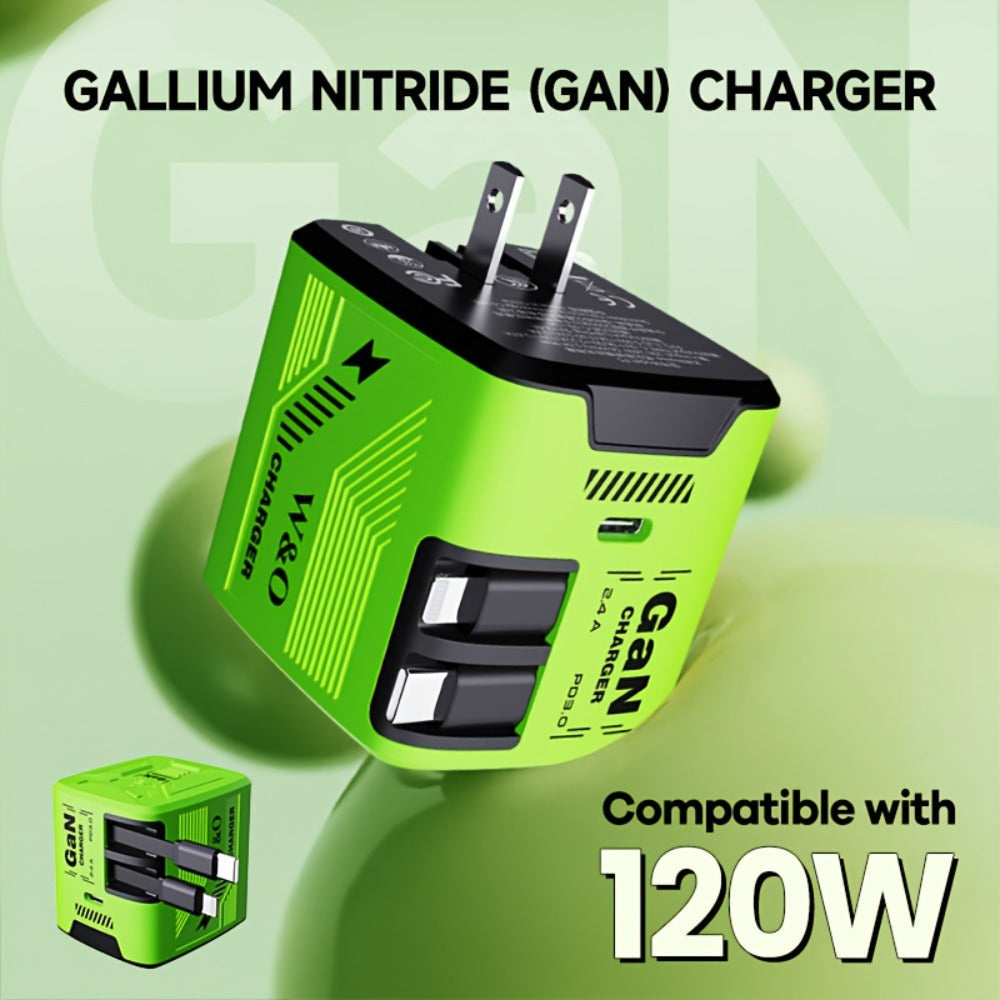 GaN Charger 120W with Lightning & Type-C Retractable Cables 47in, Foldable Plug USB-C Wall Adapter